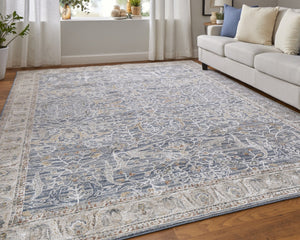 HomeRoots 5' Blue Taupe and Ivory Ikat Distressed Area Rug with Fringed Tassels for Chic Home Decor Style 5' X 8' 567556