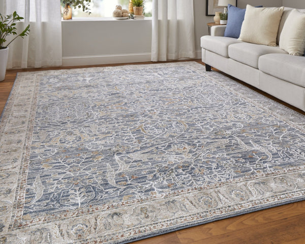 HomeRoots 5' Blue Taupe and Ivory Ikat Distressed Area Rug with Fringed Tassels for Chic Home Decor Style 5' X 8' 567556