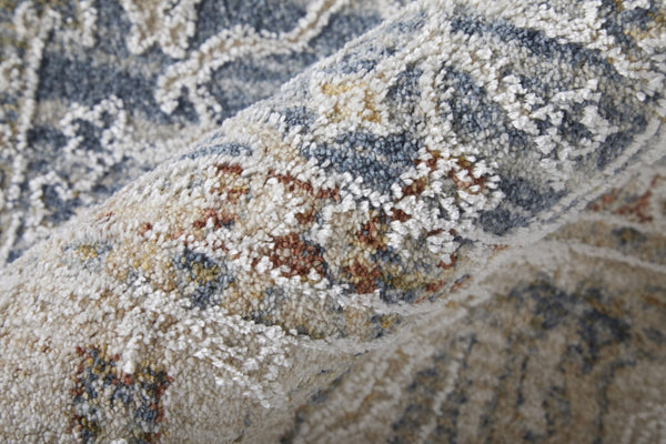 HomeRoots 5' Blue Taupe and Ivory Ikat Distressed Area Rug with Fringed Tassels for Chic Home Decor Style 5' X 8' 567556