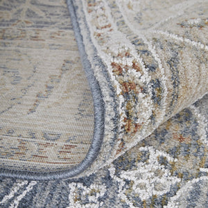HomeRoots 5' Blue Taupe and Ivory Ikat Distressed Area Rug with Fringed Tassels for Chic Home Decor Style 5' X 8' 567556