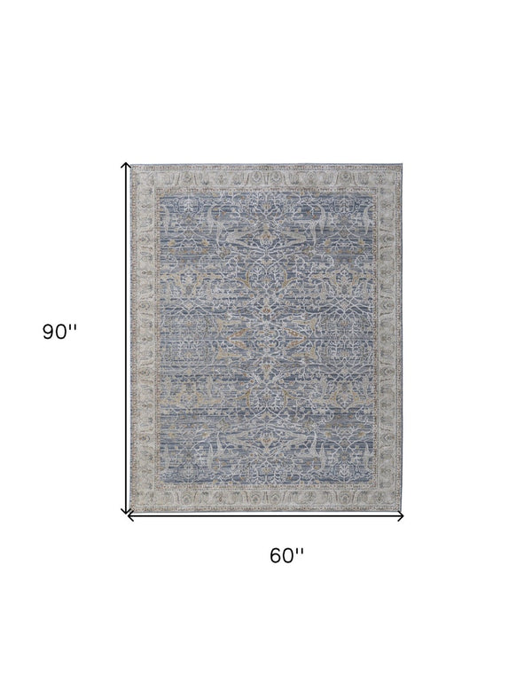 HomeRoots 5' Blue Taupe and Ivory Ikat Distressed Area Rug with Fringed Tassels for Chic Home Decor Style 5' X 8' 567556