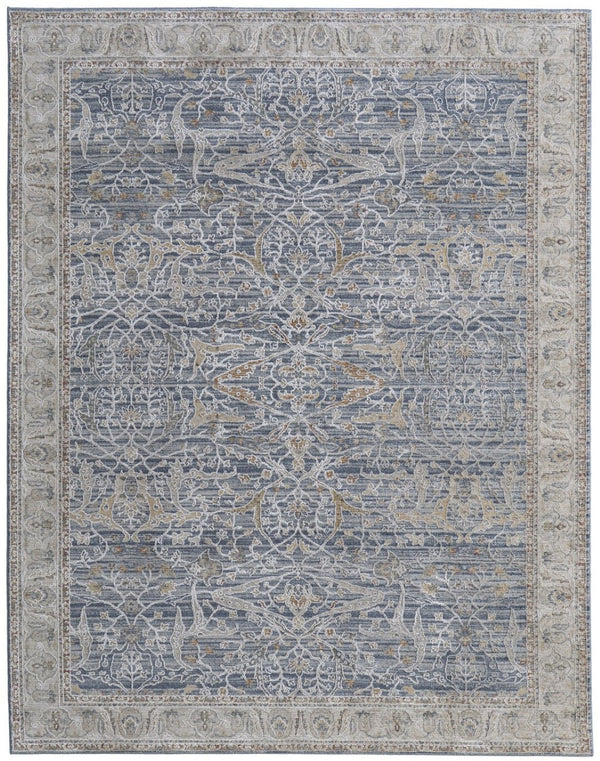 HomeRoots 5' Blue Taupe and Ivory Ikat Distressed Area Rug with Fringed Tassels for Chic Home Decor Style 7' X 10' 567557