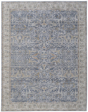 HomeRoots 5' Blue Taupe and Ivory Ikat Distressed Area Rug with Fringed Tassels for Chic Home Decor Style 8' X 10' 567558