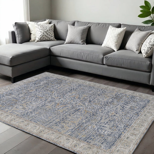 HomeRoots 5' Blue Taupe and Ivory Ikat Distressed Area Rug with Fringed Tassels for Chic Home Decor Style 8' X 10' 567558