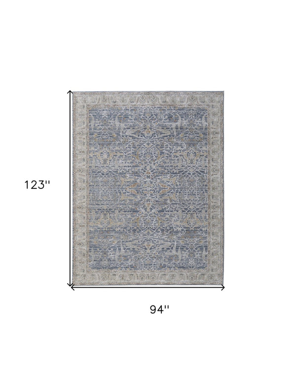 HomeRoots 5' Blue Taupe and Ivory Ikat Distressed Area Rug with Fringed Tassels for Chic Home Decor Style 8' X 10' 567558