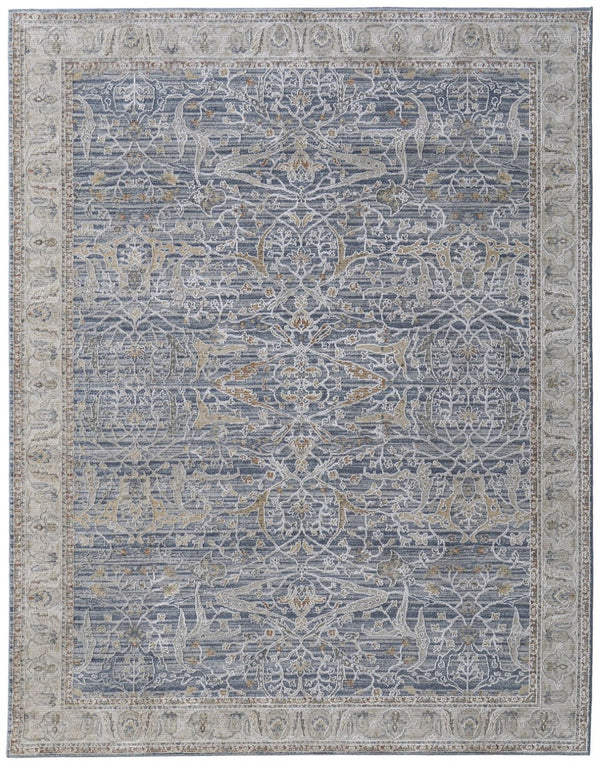 HomeRoots 5' Blue Taupe and Ivory Ikat Distressed Area Rug with Fringed Tassels for Chic Home Decor Style 9' X 13' 567559
