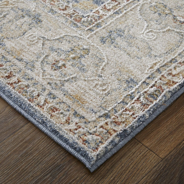 HomeRoots 5' Blue Taupe and Ivory Ikat Distressed Area Rug with Fringed Tassels for Chic Home Decor Style 9' X 13' 567559