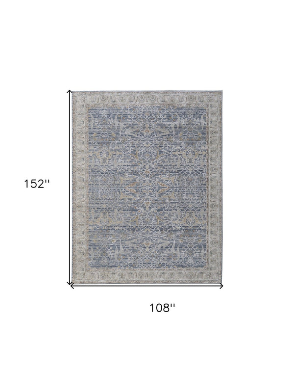 HomeRoots 5' Blue Taupe and Ivory Ikat Distressed Area Rug with Fringed Tassels for Chic Home Decor Style 9' X 13' 567559
