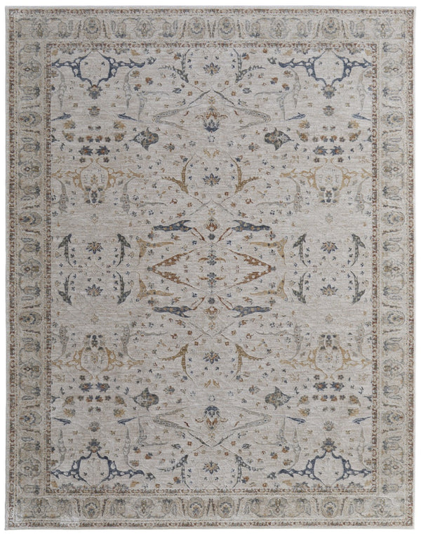 HomeRoots 5' Blue Taupe and Ivory Ikat Distressed Area Rug with Fringed Tassels for Chic Home Decor Style 5' X 8' 567561