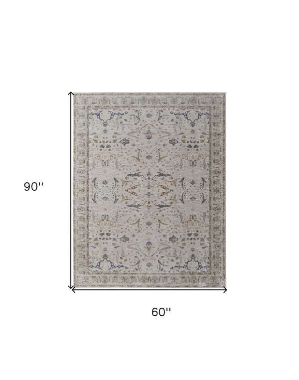 HomeRoots 5' Blue Taupe and Ivory Ikat Distressed Area Rug with Fringed Tassels for Chic Home Decor Style 5' X 8' 567561