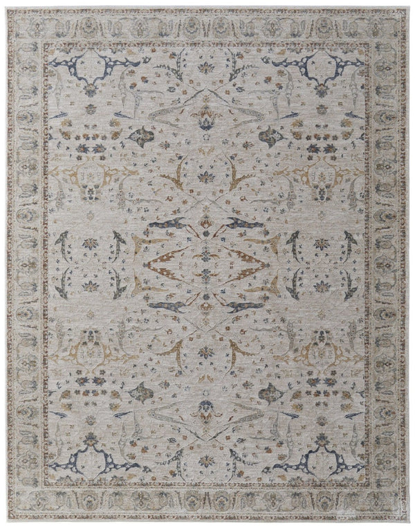 HomeRoots 5' Blue Taupe and Ivory Ikat Distressed Area Rug with Fringed Tassels for Chic Home Decor Style 7' X 10' 567562