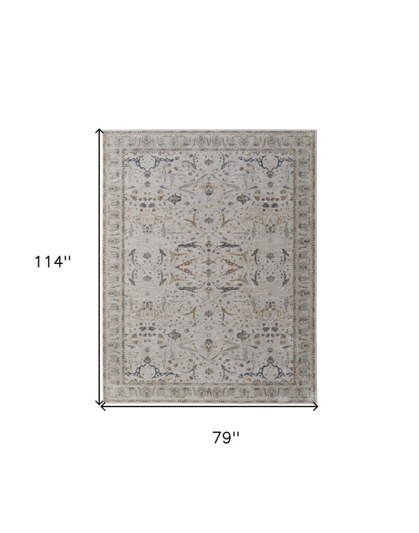 HomeRoots 5' Blue Taupe and Ivory Ikat Distressed Area Rug with Fringed Tassels for Chic Home Decor Style 7' X 10' 567562