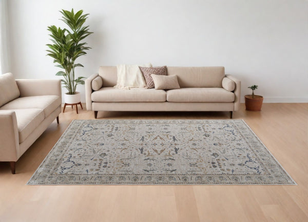 HomeRoots 5' Blue Taupe and Ivory Ikat Distressed Area Rug with Fringed Tassels for Chic Home Decor Style 8' X 10' 567563