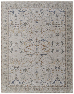 HomeRoots 5' Blue Taupe and Ivory Ikat Distressed Area Rug with Fringed Tassels for Chic Home Decor Style 9' X 13' 567564