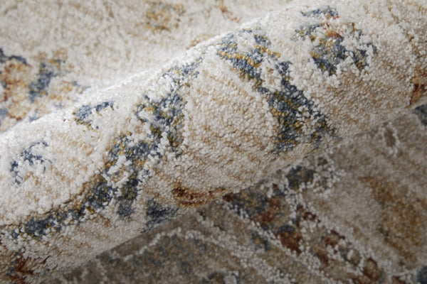 HomeRoots 5' Blue Taupe and Ivory Ikat Distressed Area Rug with Fringed Tassels for Chic Home Decor Style 9' X 13' 567564