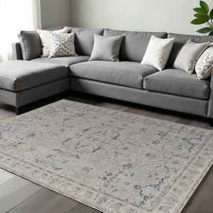 HomeRoots 5' Blue Taupe and Ivory Ikat Distressed Area Rug with Fringed Tassels for Chic Home Decor Style 7' X 10' 567567