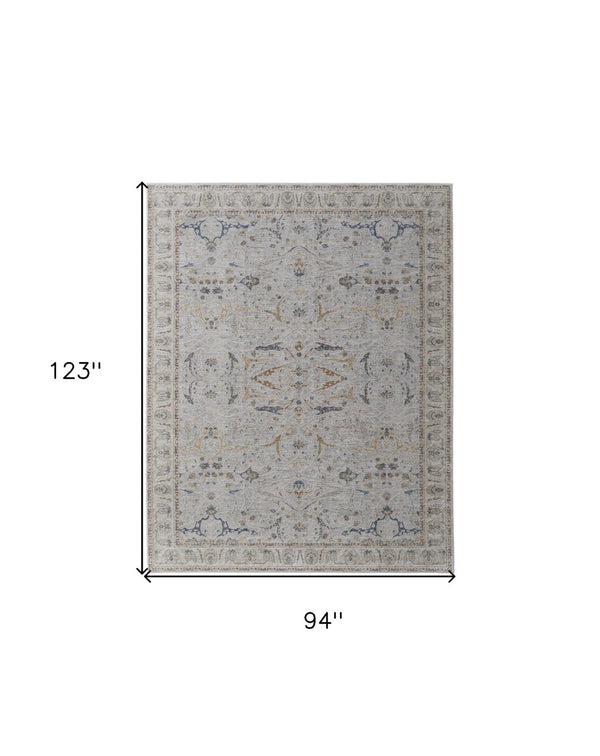 HomeRoots 5' Blue Taupe and Ivory Ikat Distressed Area Rug with Fringed Tassels for Chic Home Decor Style 8' X 10' 567568