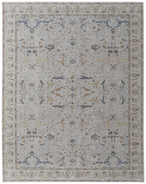 HomeRoots 5' Blue Taupe and Ivory Ikat Distressed Area Rug with Fringed Tassels for Chic Home Decor Style 8' X 10' 567568