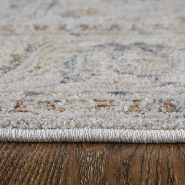 HomeRoots 5' Blue Taupe and Ivory Ikat Distressed Area Rug with Fringed Tassels for Chic Home Decor Style 9' X 13' 567569