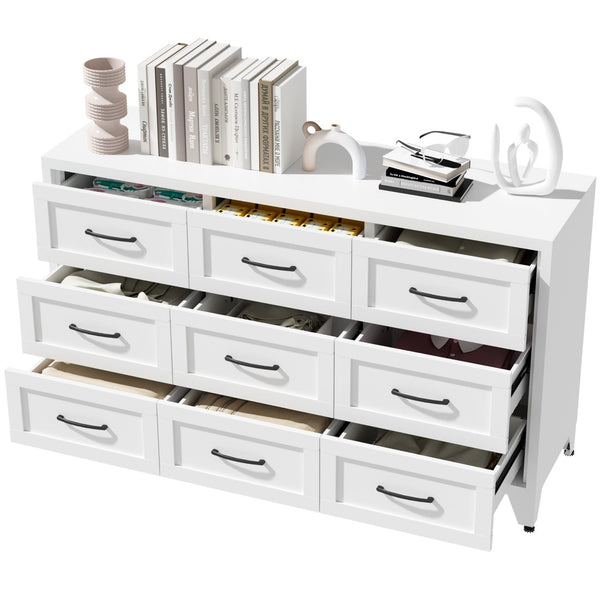 English Elm 9 Drawer Steel Dresser Low Profile White Powder Coated Frame Quiet Glide Bedroom Storage T2398P465982