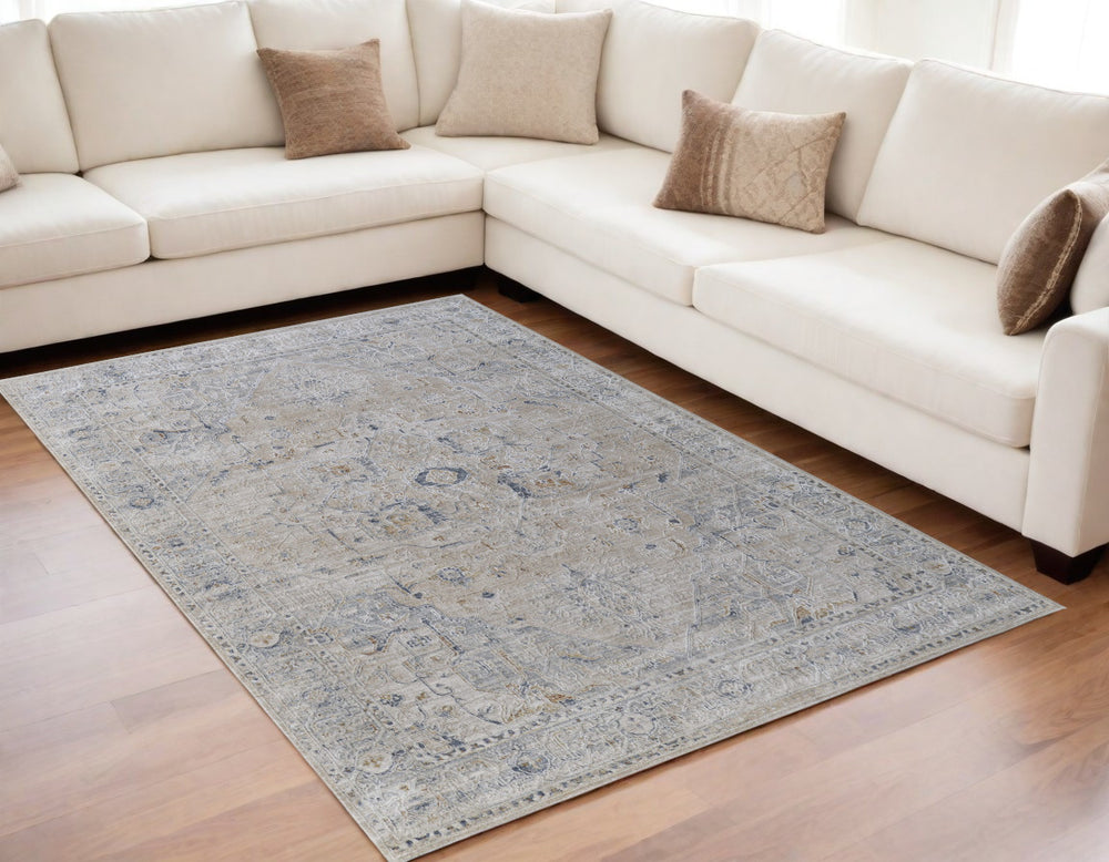 Homeroots 5' X 8' Ivory Taupe And Blue Oriental Power Loom Worn Faded Area Rug With Fringe Ivory Polyester 567571