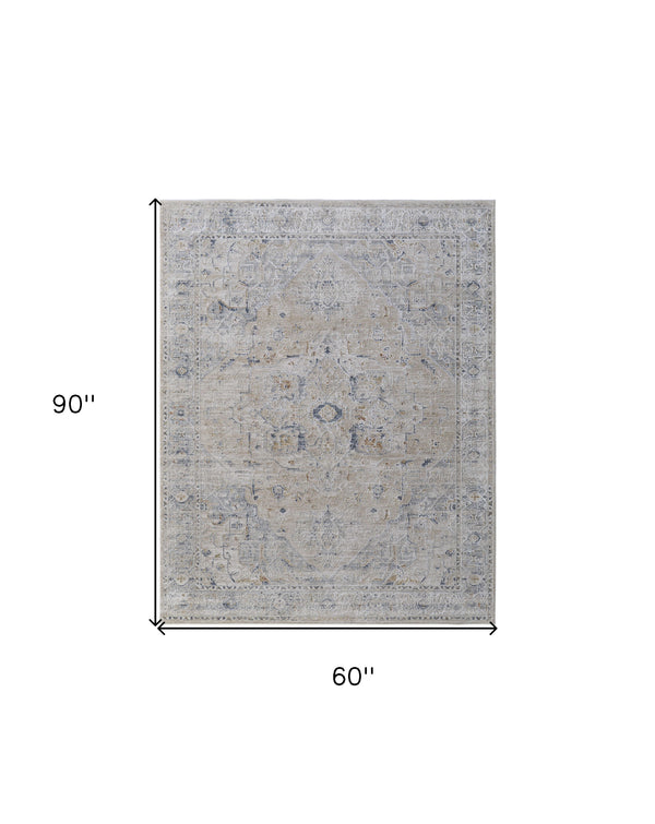 Homeroots 5' X 8' Ivory Taupe And Blue Oriental Power Loom Worn Faded Area Rug With Fringe Ivory Polyester 567571
