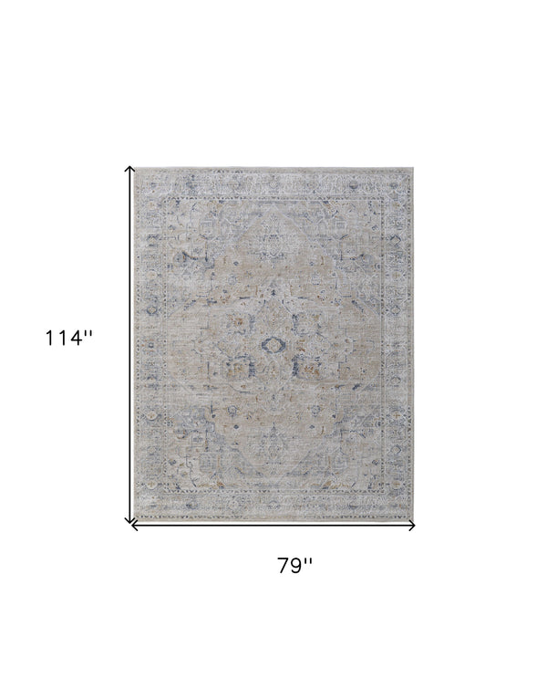Homeroots 7' X 10' Ivory Taupe And Blue Oriental Power Loom Worn Faded Area Rug With Fringe Ivory Polyester 567572