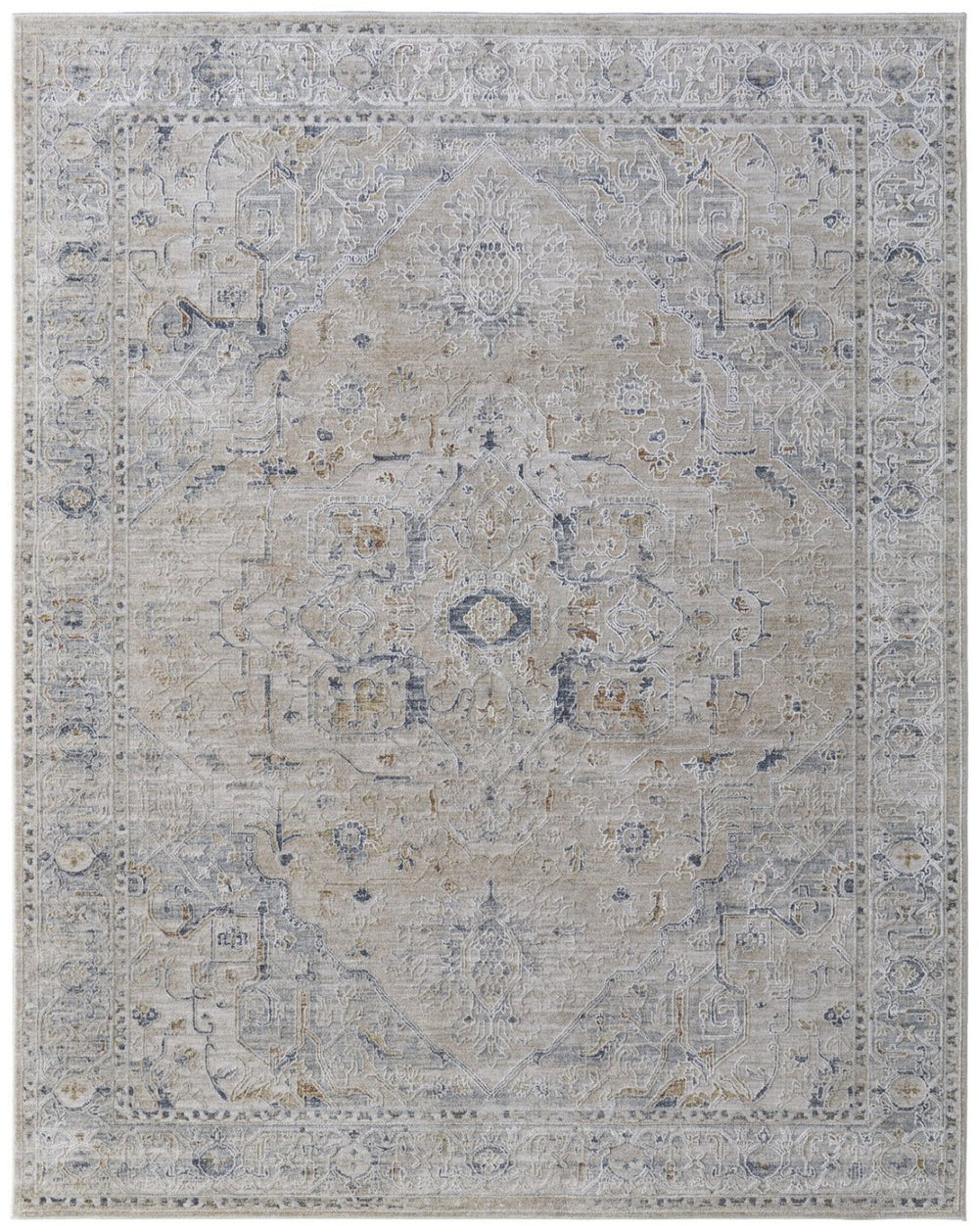 HomeRoots 5' Elegant Vintage-Inspired Ivory Taupe and Blue Oriental Area Rug with Fringe for Cozy Spaces 9' X 13' 567574