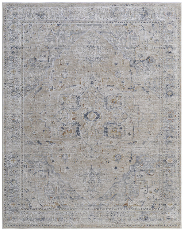 Homeroots 9' X 13' Ivory Taupe And Blue Oriental Power Loom Worn Faded Area Rug With Fringe Ivory Polyester 567574