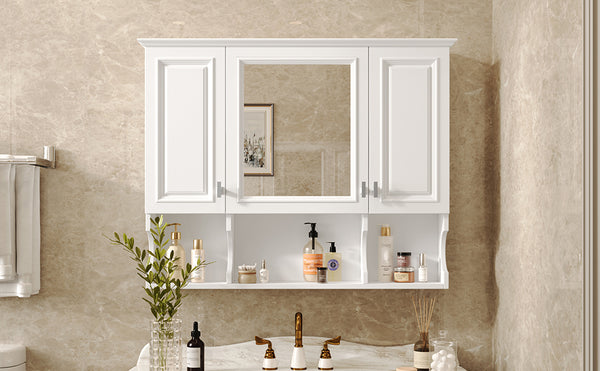 English Elm 35'' Modern Wall-Mounted Medicine Cabinet with Mirror, Hidden Storage and Open Shelves for Bath White N710P209443K