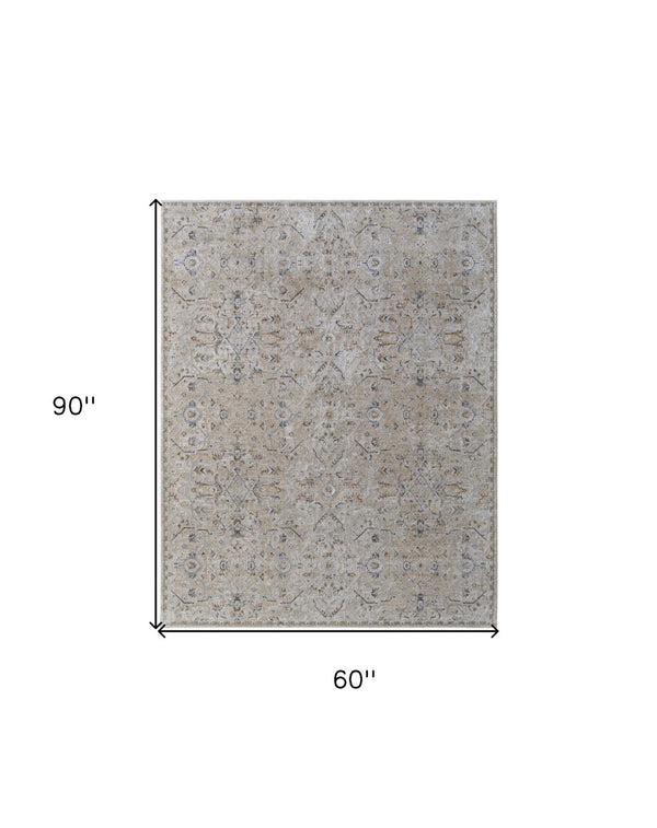 HomeRoots 5' Ivory Taupe and Blue Abstract Area Rug - Power Loomed with Fringed Tassels for Modern Style 5' X 8' 567576