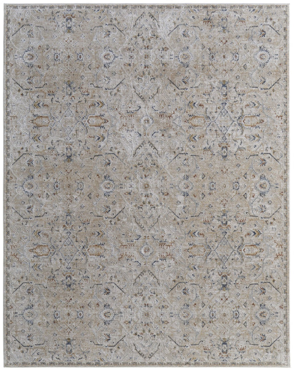 HomeRoots 5' Ivory Taupe and Blue Abstract Area Rug - Power Loomed with Fringed Tassels for Modern Style 7' X 10' 567577