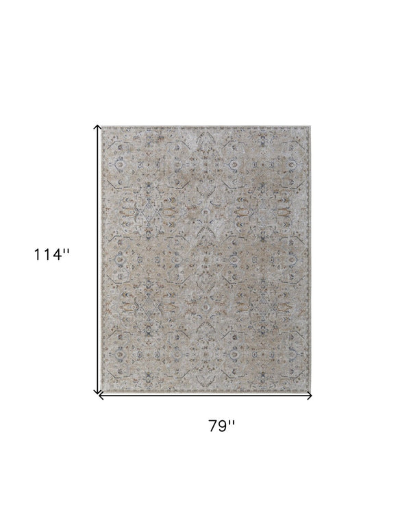 HomeRoots 5' Ivory Taupe and Blue Abstract Area Rug - Power Loomed with Fringed Tassels for Modern Style 7' X 10' 567577