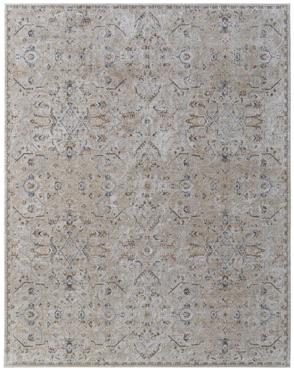 Homeroots 8' X 10' Ivory Taupe And Blue Abstract Power Loom Worn Faded Area Rug With Fringe Taupe Polyester 567578