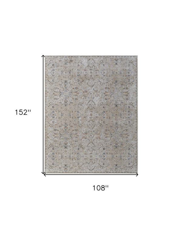 HomeRoots 5' Ivory Taupe and Blue Abstract Area Rug - Power Loomed with Fringed Tassels for Modern Style 9' X 13' 567579