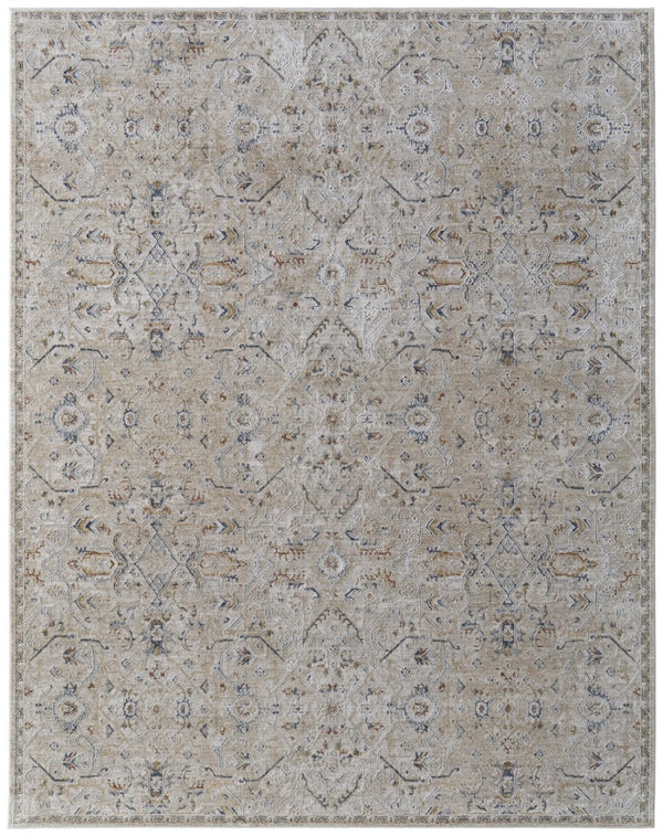 HomeRoots 5' Ivory Taupe and Blue Abstract Area Rug - Power Loomed with Fringed Tassels for Modern Style 9' X 13' 567579