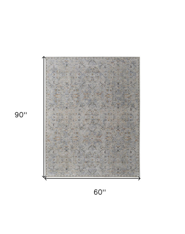 HomeRoots 5' Modern Abstract Ivory Tan and Blue Area Rug with Fringe – Durable, Stylish, and Easy Care 5' X 8' 567581