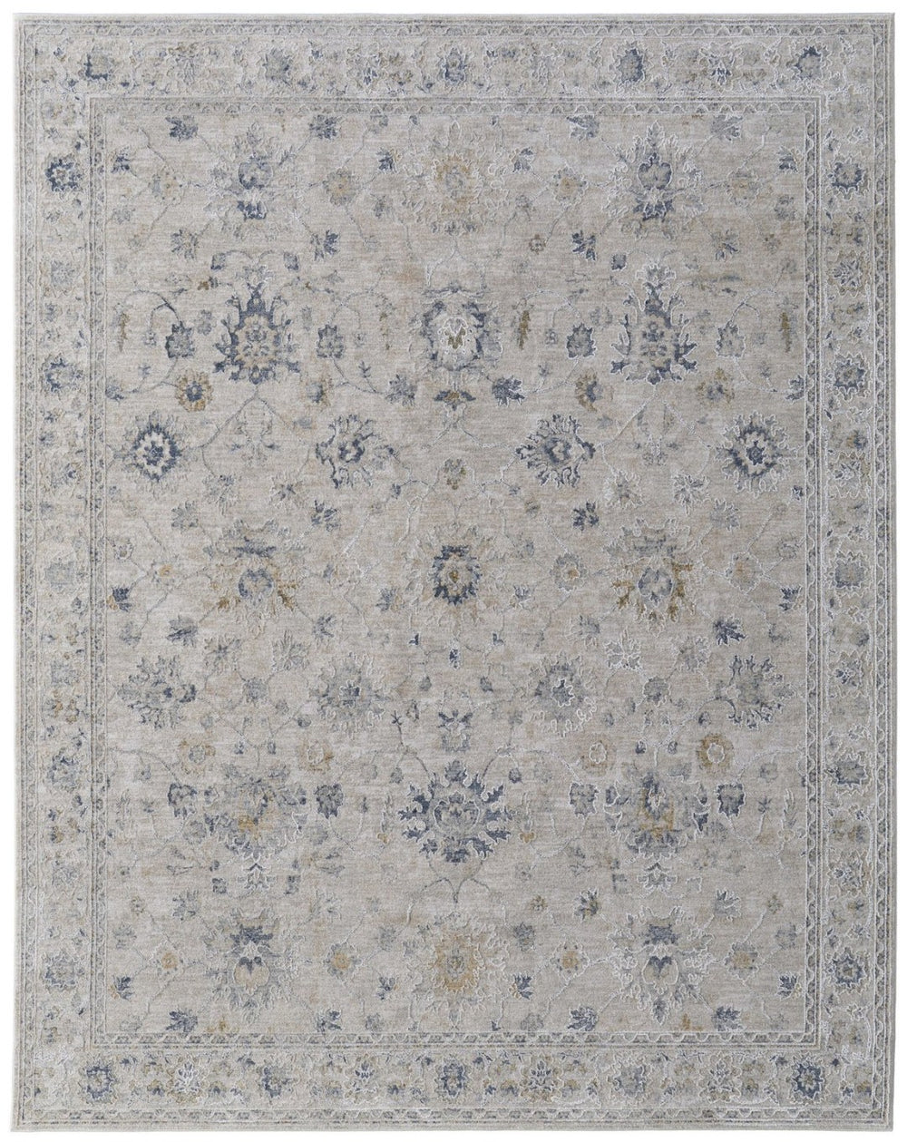 HomeRoots 5' Elegant Floral Area Rug in Ivory, Taupe & Blue - Worn-Faded Design with Chic Fringe Accents 8' X 10' 567588