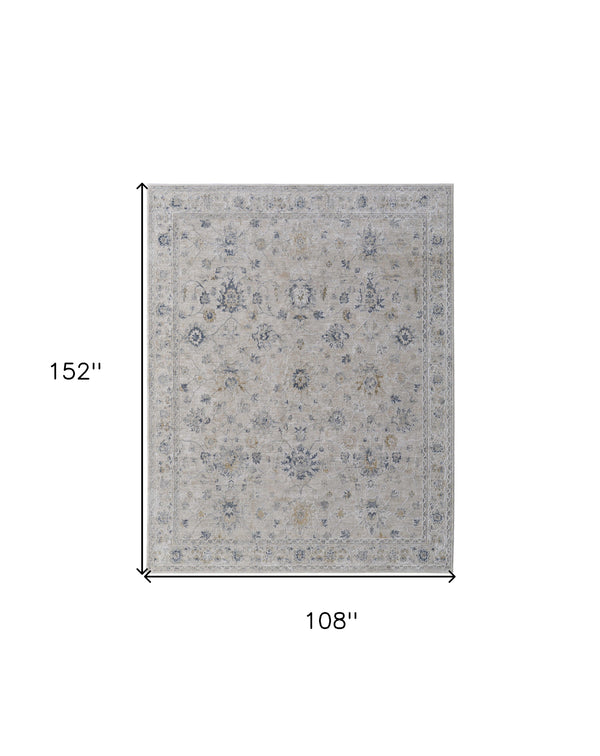 Homeroots 9' X 13' Ivory Taupe And Blue Floral Power Loom Worn Faded Area Rug With Fringe Ivory Polyester 567589