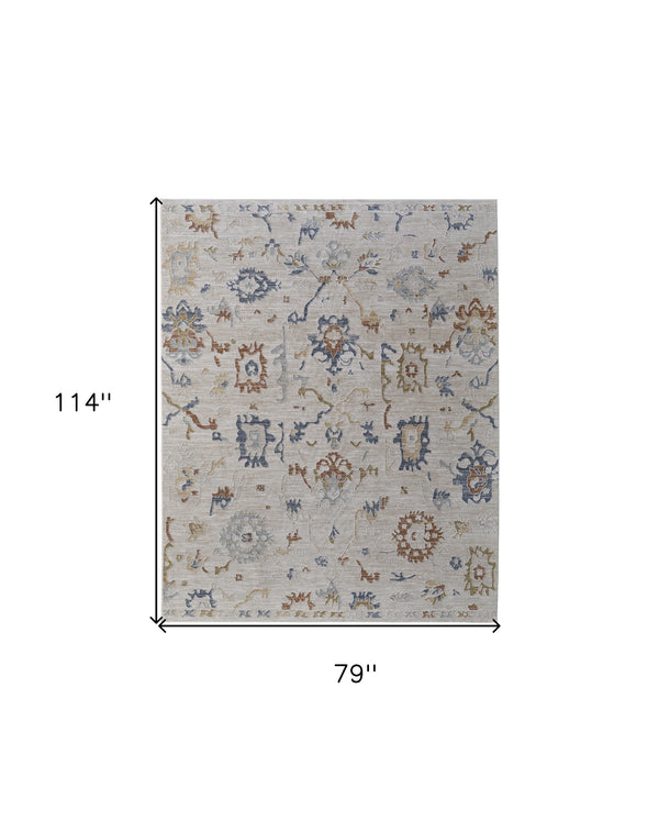 Homeroots 7' X 10' Ivory Blue And Gold Floral Power Loom Worn Faded Area Rug With Fringe Ivory Polyester 567596