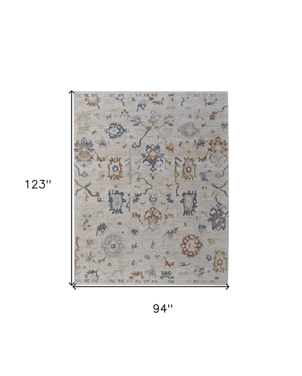 Homeroots 8' X 10' Ivory Blue And Gold Floral Power Loom Worn Faded Area Rug With Fringe Ivory Polyester 567597
