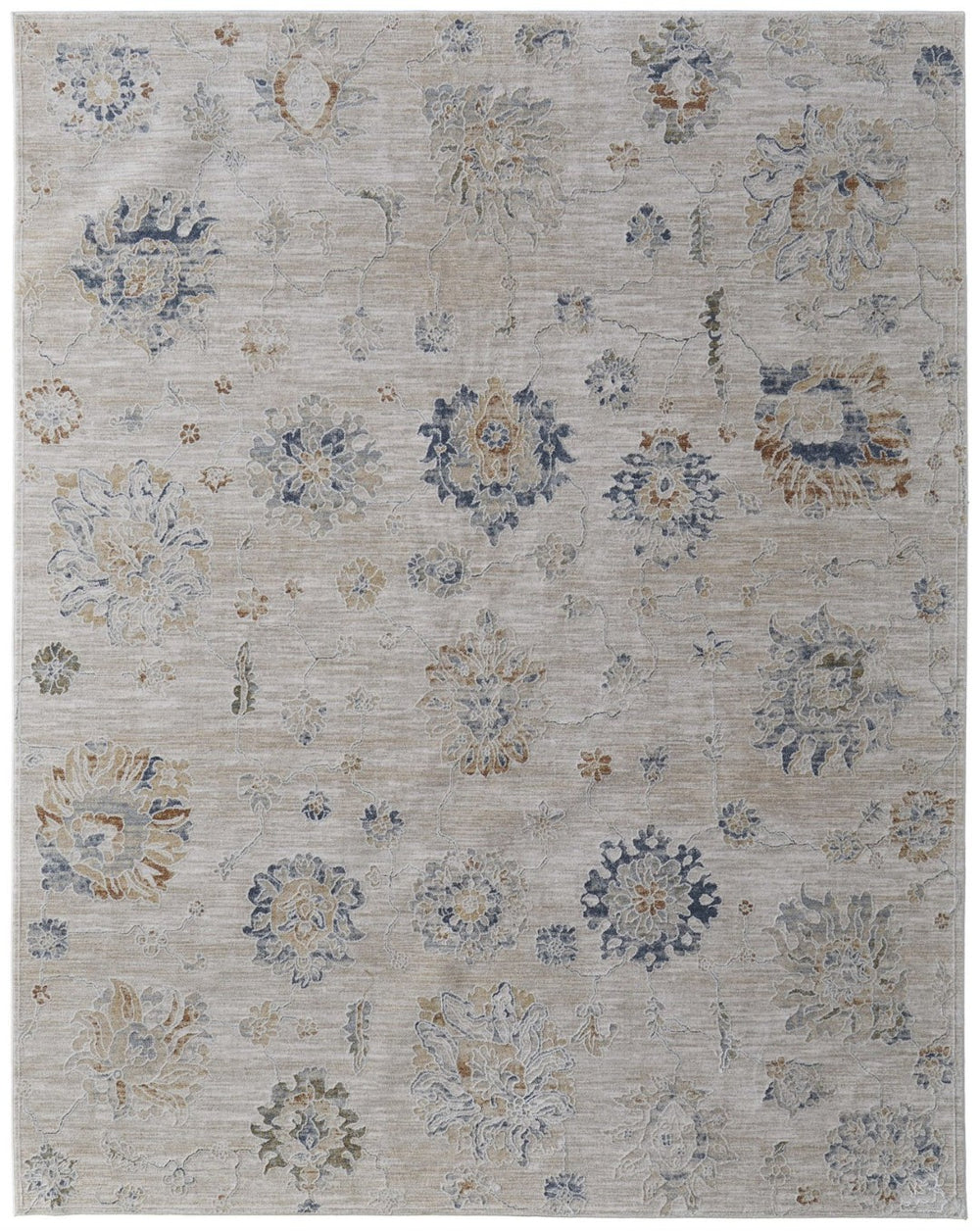 HomeRoots 5' Elegant Ivory Taupe and Blue Floral Power Loomed Area Rug with Timeless Tasseled Edges 5' X 8' 567600