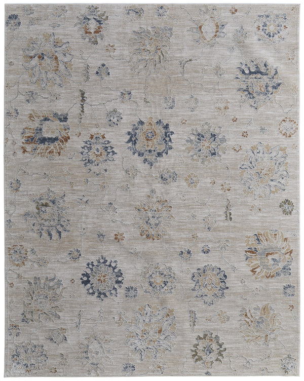 Homeroots 5' X 8' Ivory Taupe And Blue Floral Power Loom Worn Faded Area Rug With Fringe Taupe Polyester 567600