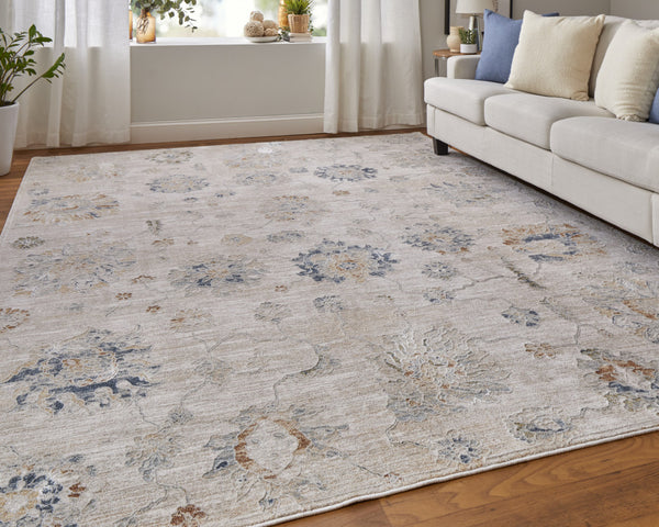 Homeroots 5' X 8' Ivory Taupe And Blue Floral Power Loom Worn Faded Area Rug With Fringe Taupe Polyester 567600