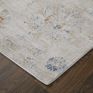 Homeroots 5' X 8' Ivory Taupe And Blue Floral Power Loom Worn Faded Area Rug With Fringe Taupe Polyester 567600