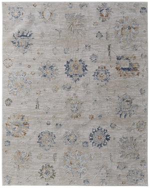 Homeroots 7' X 10' Ivory Taupe And Blue Floral Power Loom Worn Faded Area Rug With Fringe Taupe Polyester 567601