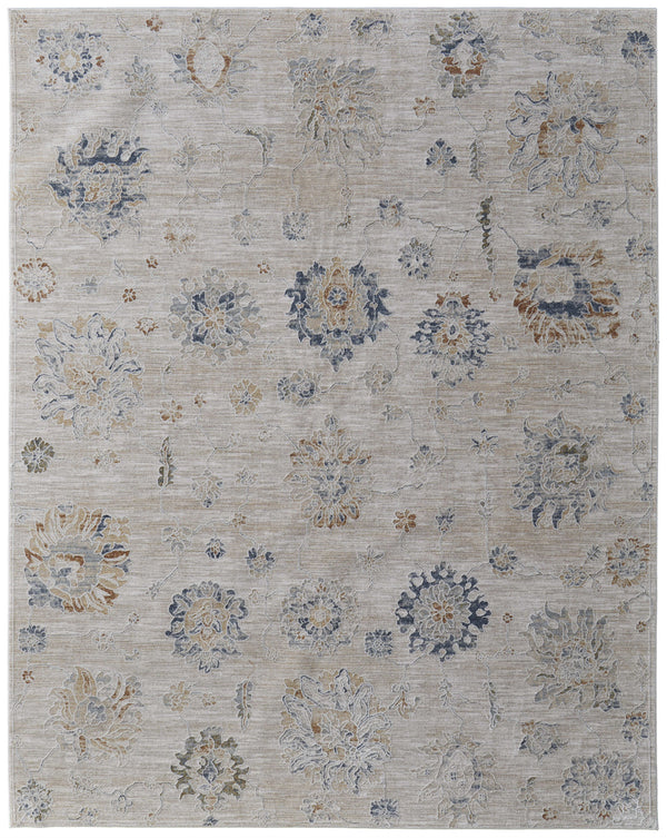 Homeroots 7' X 10' Ivory Taupe And Blue Floral Power Loom Worn Faded Area Rug With Fringe Taupe Polyester 567601
