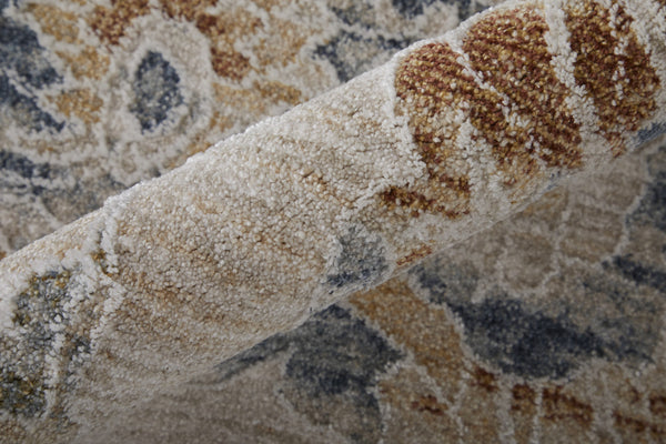 Homeroots 7' X 10' Ivory Taupe And Blue Floral Power Loom Worn Faded Area Rug With Fringe Taupe Polyester 567601