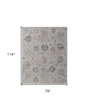 Homeroots 7' X 10' Ivory Taupe And Blue Floral Power Loom Worn Faded Area Rug With Fringe Taupe Polyester 567601