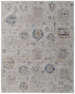 Homeroots 8' X 10' Ivory Taupe And Blue Floral Power Loom Worn Faded Area Rug With Fringe Taupe Polyester 567602